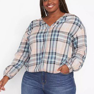 Lane Bryant Long Sleeve V Neck Button Front Plaid Control Volume Top 18/20